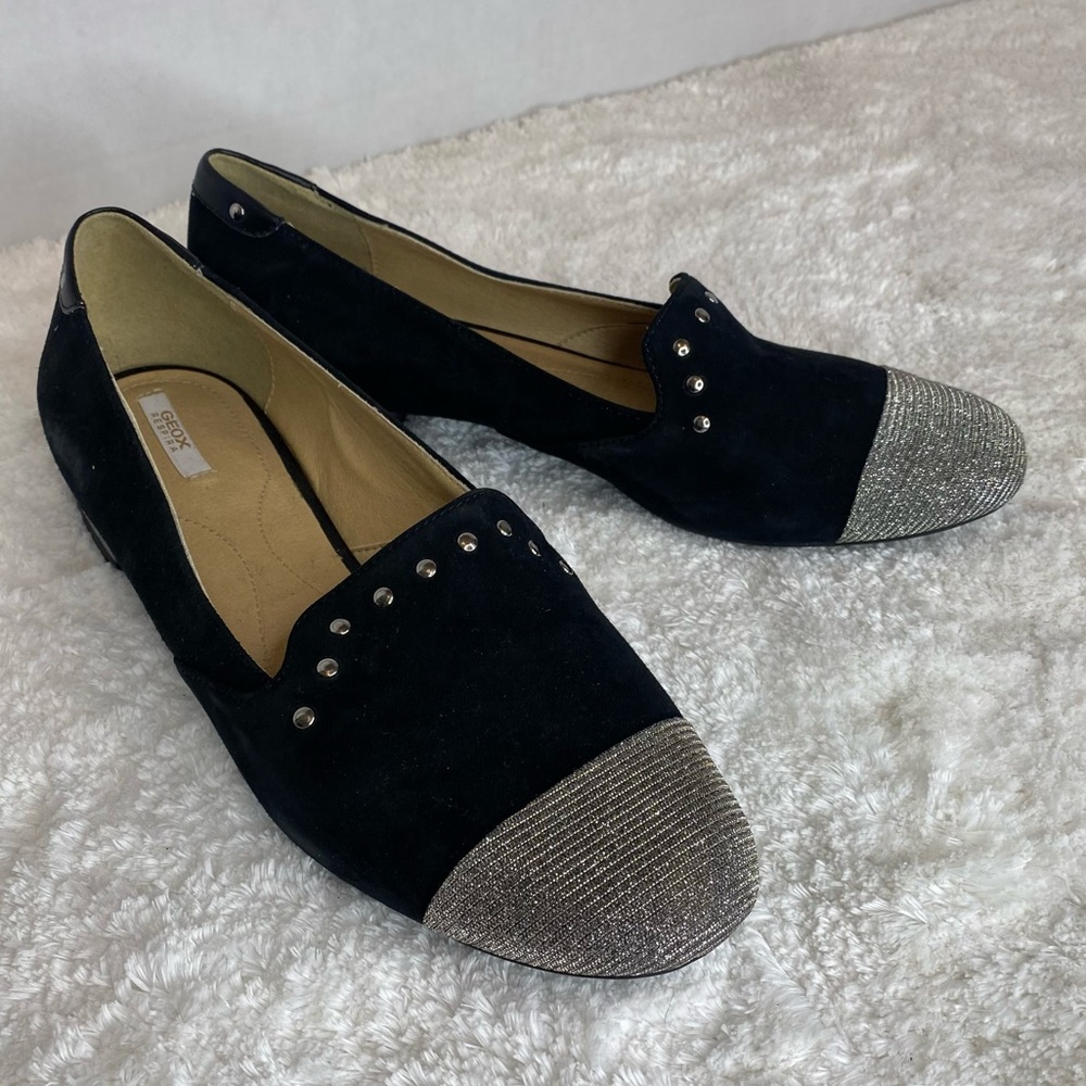 GEOX Respira Black Sueded Leather Loafers Silver Studs 39 - Picture 2 of 13